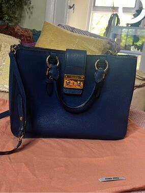Miu Miu Cobalt Blue Madras Leather Top-Handle/Shoulder Medium Satchel